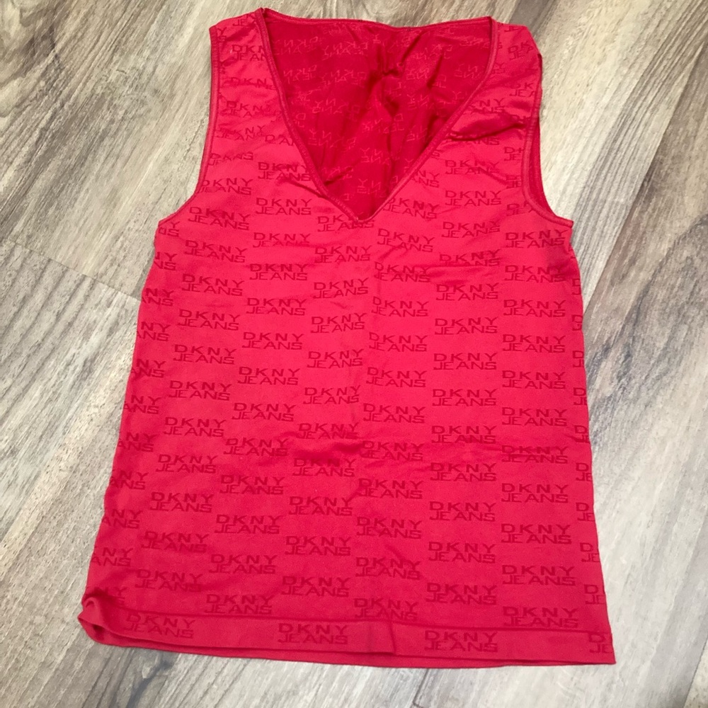 Vintage 90s DKNY Spandex Red Logo V-Neck Tank Top Sporty